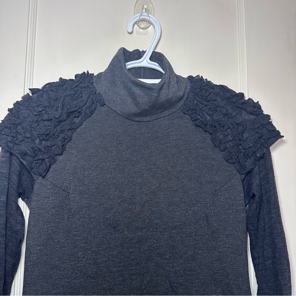 Tenax Charcoal Mock Neck Dress, Black Ruffle Details, Long Semi-Sheer Sleeves - Picture 3 of 13